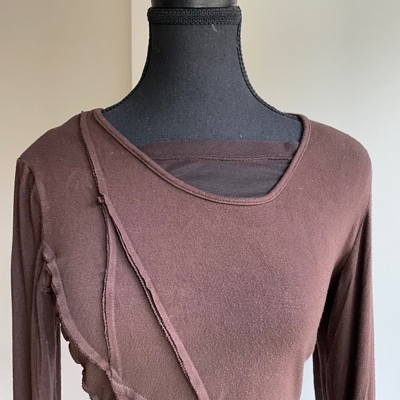 Long Sleeve Tee Dressy. Top Sheer Neck, Raw Seems, Flattering Criss Cross - Picture 5 of 10